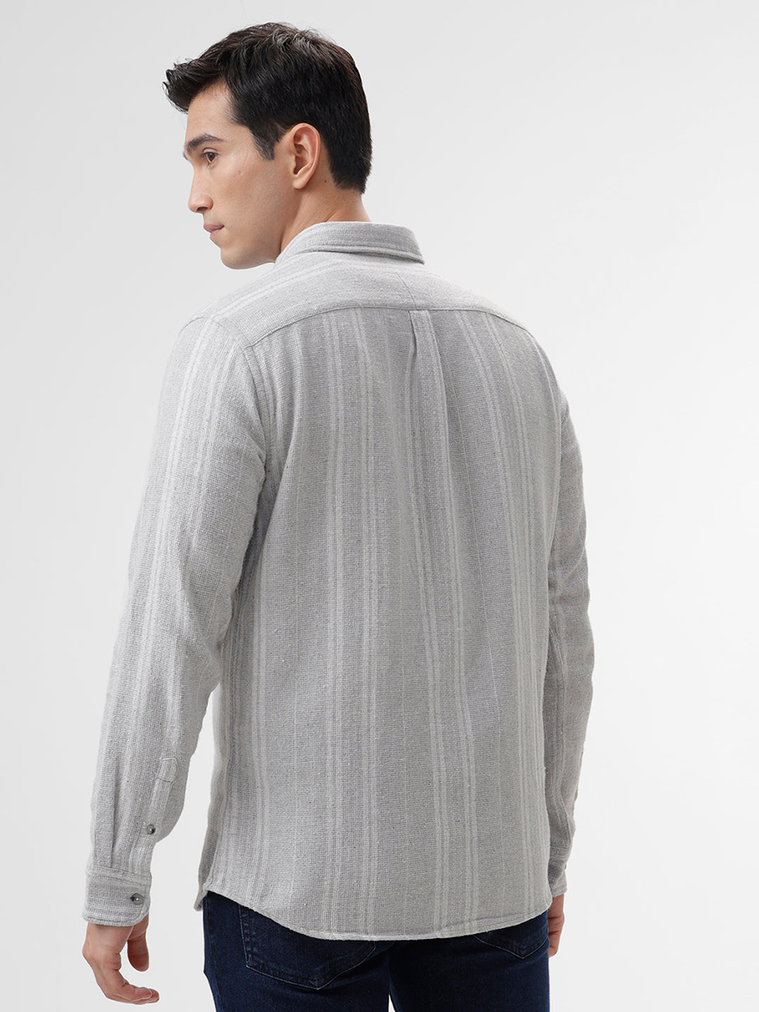 Men's Tuna White-Grey Striped Cotton Slim Fit Full Sleeves Spread Collar Casual Shirt