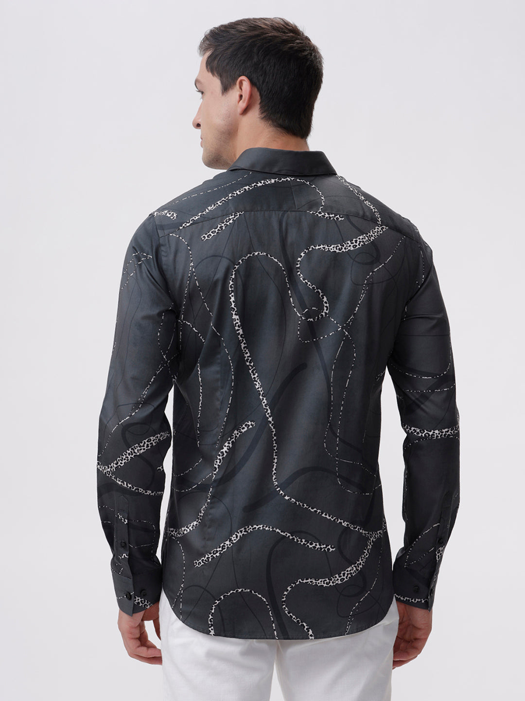 Midnight Black Abstract Satin Shirt - Full Sleeves Midnight Black Abstract Satin Shirt - Full Sleeves