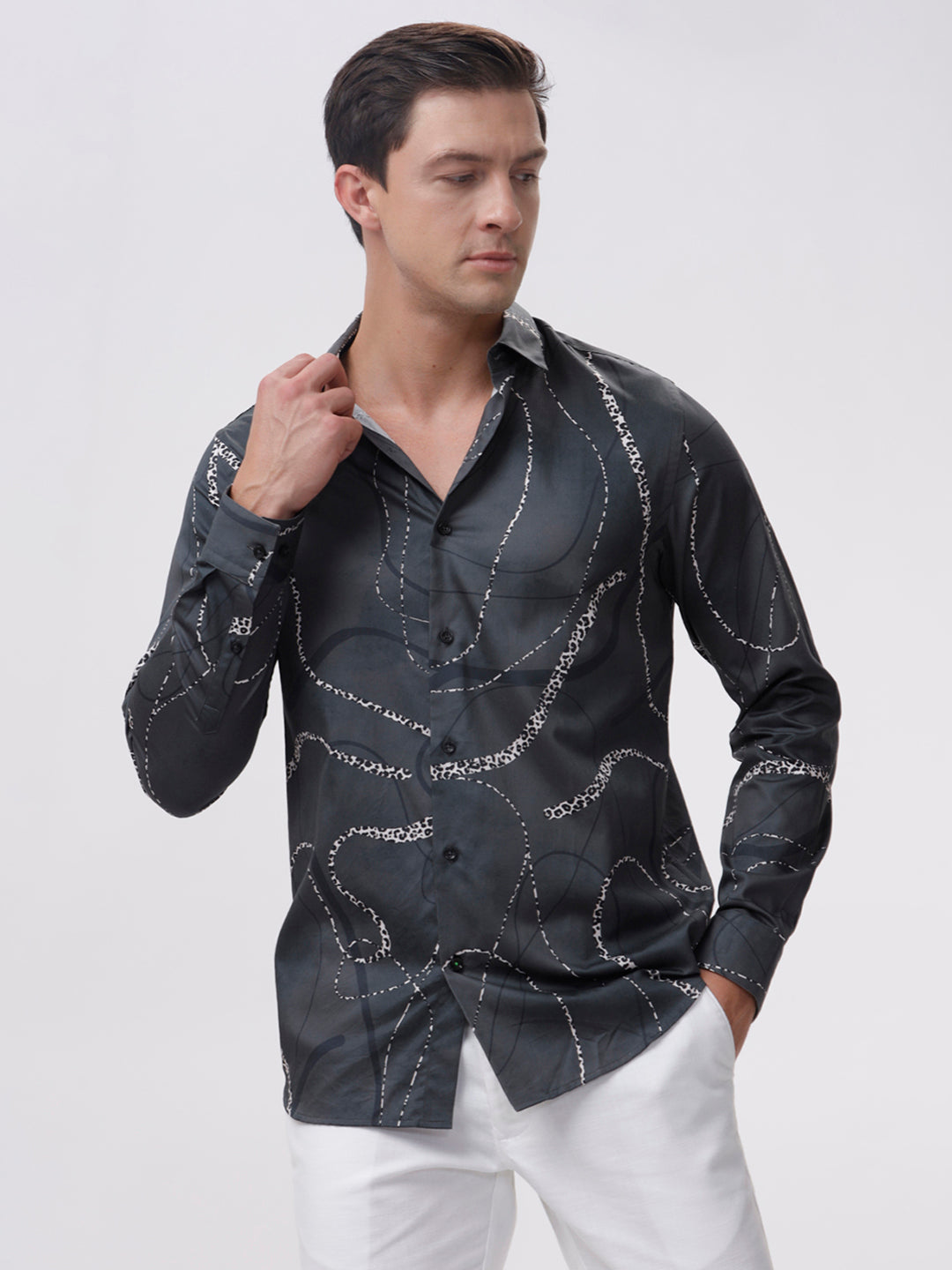 Midnight Black Abstract Satin Shirt - Full Sleeves Midnight Black Abstract Satin Shirt - Full Sleeves