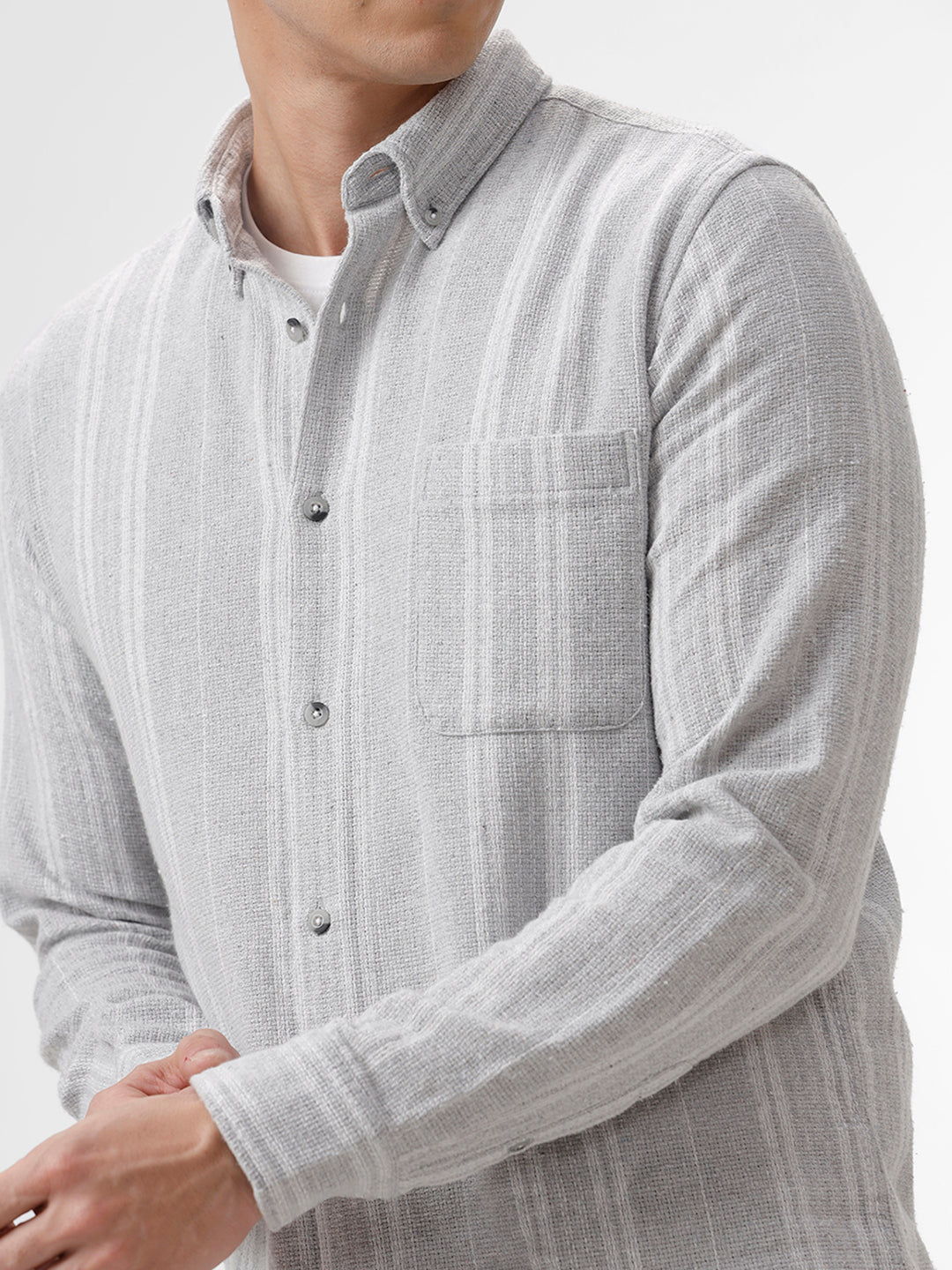 Men's Tuna White-Grey Striped Cotton Slim Fit Full Sleeves Spread Collar Casual Shirt