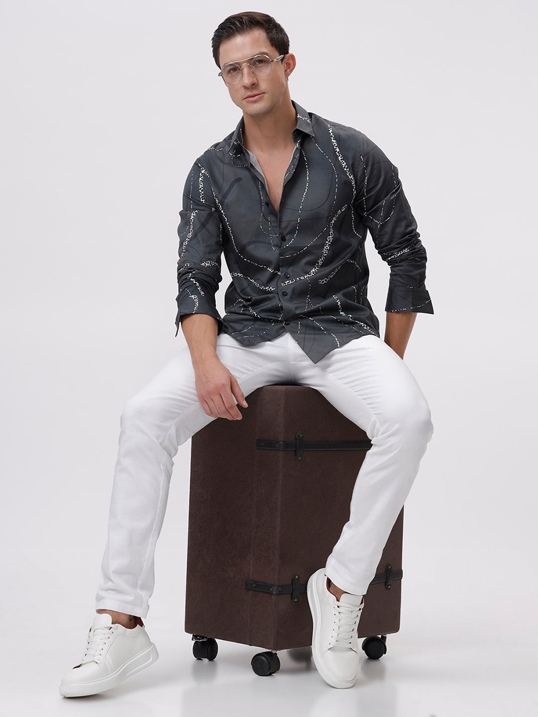 Midnight Black Abstract Satin Shirt - Full Sleeves Midnight Black Abstract Satin Shirt - Full Sleeves